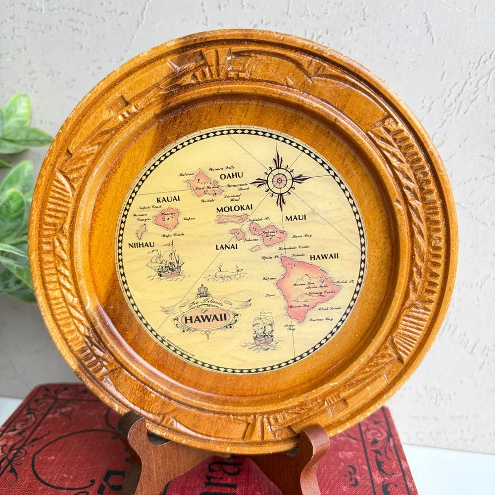 Vintage Aloha from Hawaii Hand Carved Wood Map Souvenir Plate 6 Inch Decor